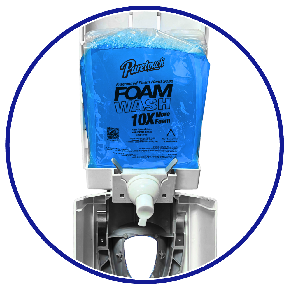 Puretouch blue foam hand wash refill installed in a compatible white wall-mounted dispenser