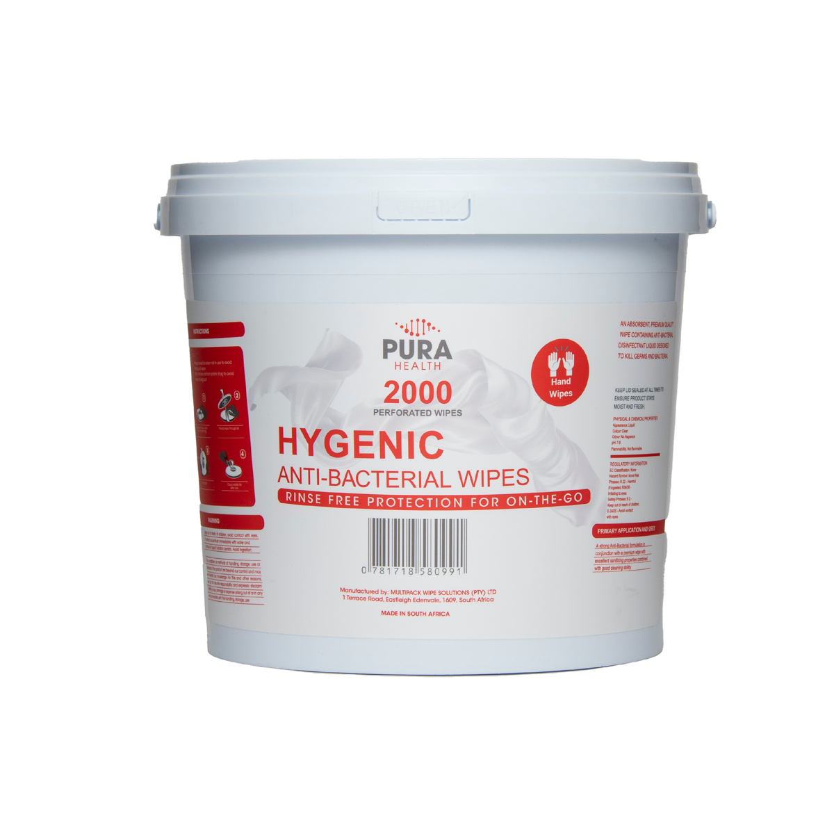Pura Health Anti-Bacterial Wipes Bucket – 2000 Wipes