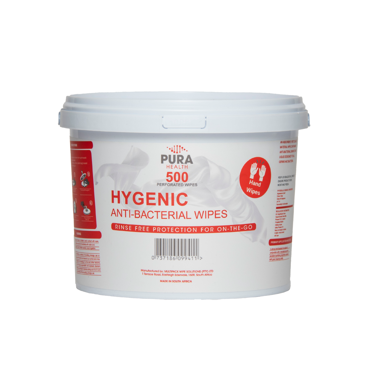 Pura Health Anti-Bacterial Wipes Bucket – 500 Wipes